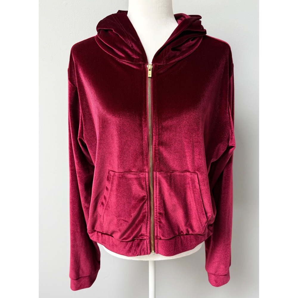 Fabletics Women's Donna Velour Hoodie Cherry Burst Full Gold Zip Size Large
